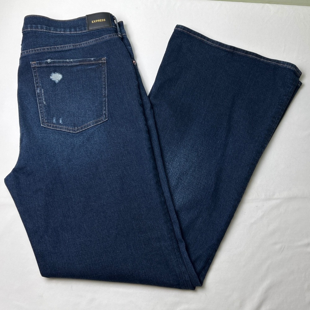Express Womens 70s Flare Mid Rise Distressed Denim Jeans Size 16 Dark Wash Blue